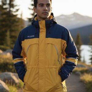 Columbia vtg 90s Premiere Outdoor Yellow/Blue hooded ski winter jacket. Sz L